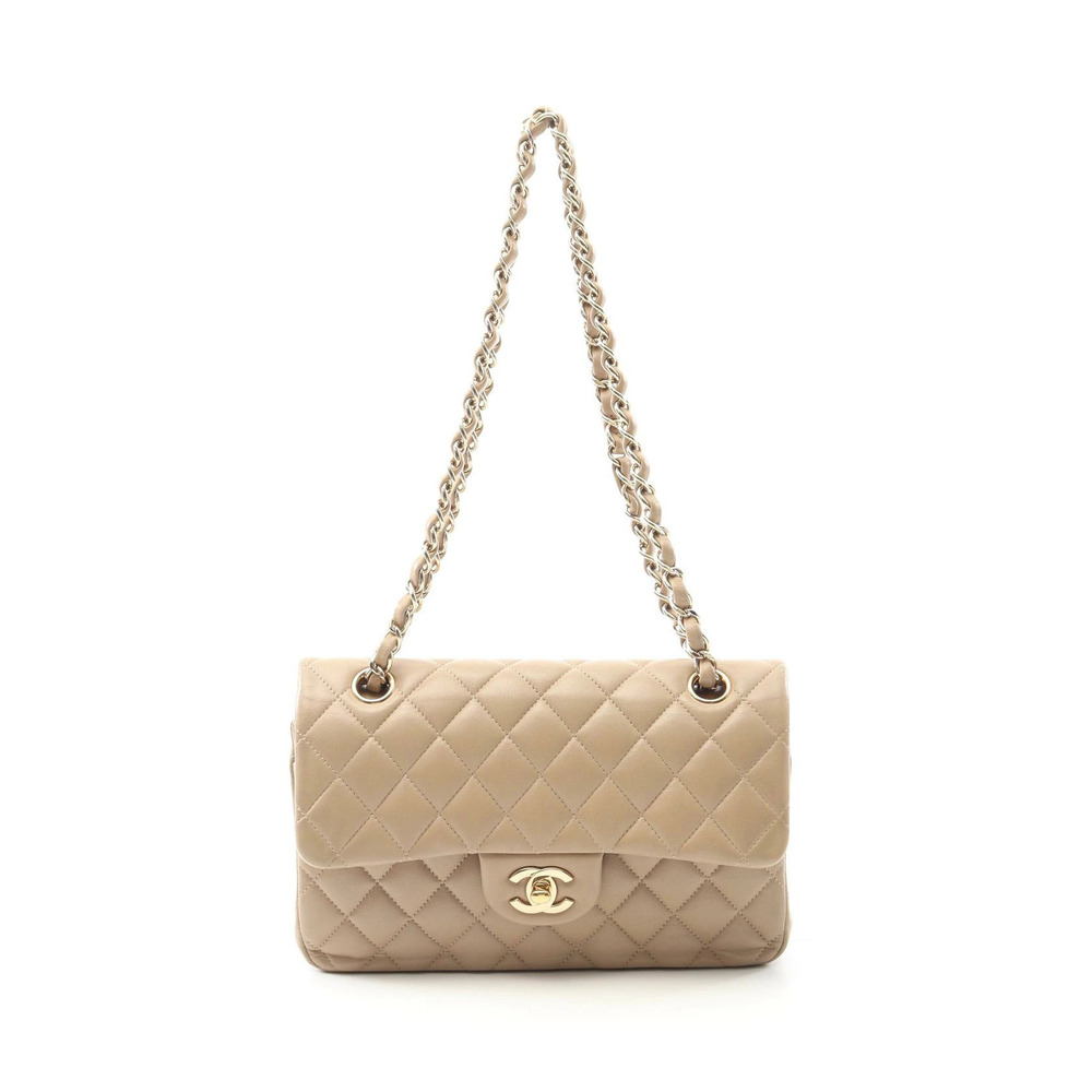 Chanel Matelasse Double Flap Shoulder Bag Lambskin Sheepskin Leather Beige